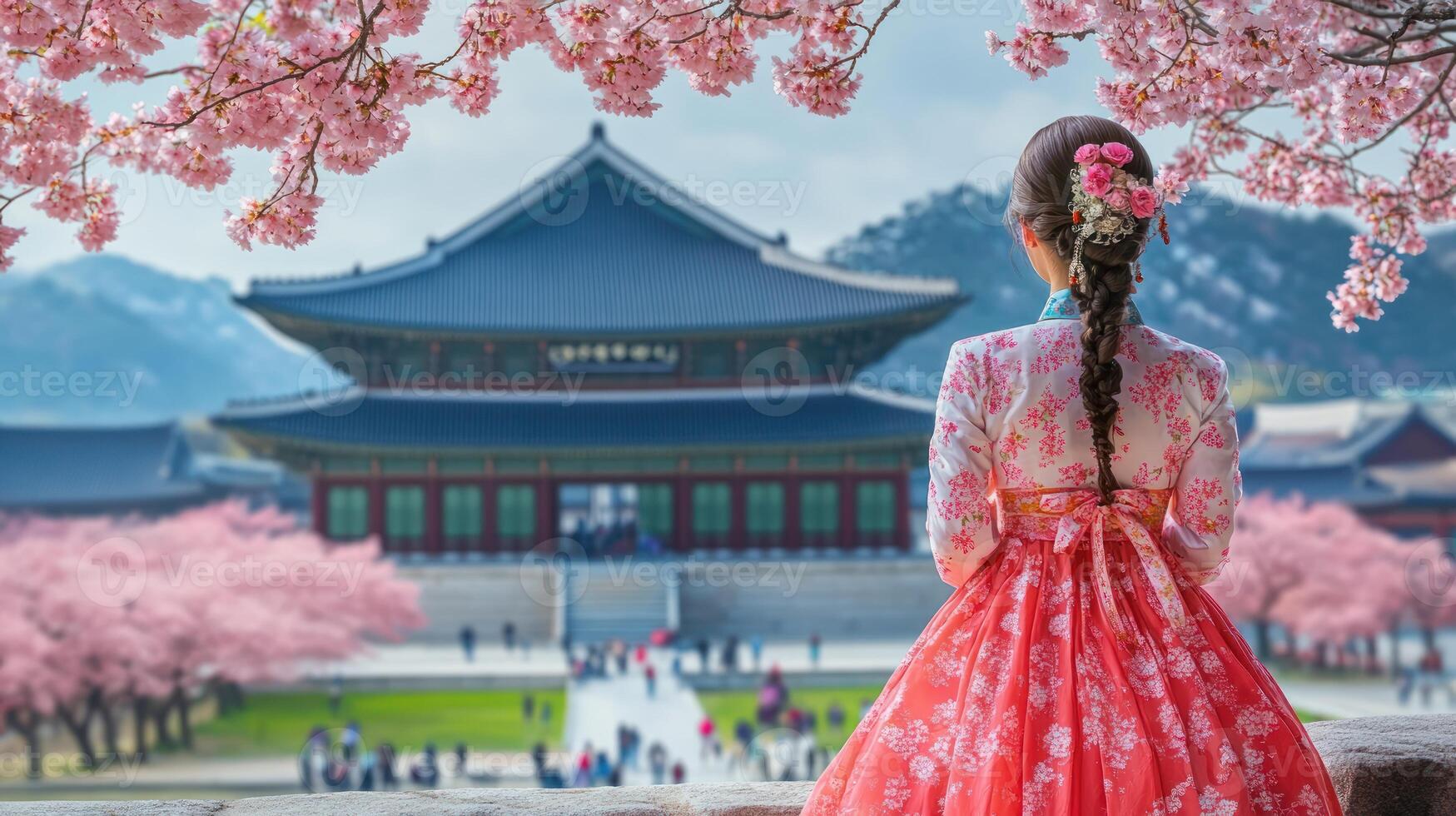 Korean woman in Hanbok admires cherry blossoms and a historical palace photo
