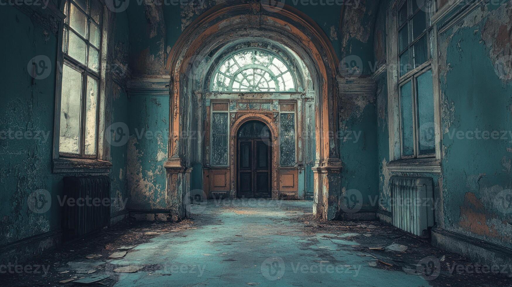 Abandoned hospital hallway with decaying arches and peeling paint photo