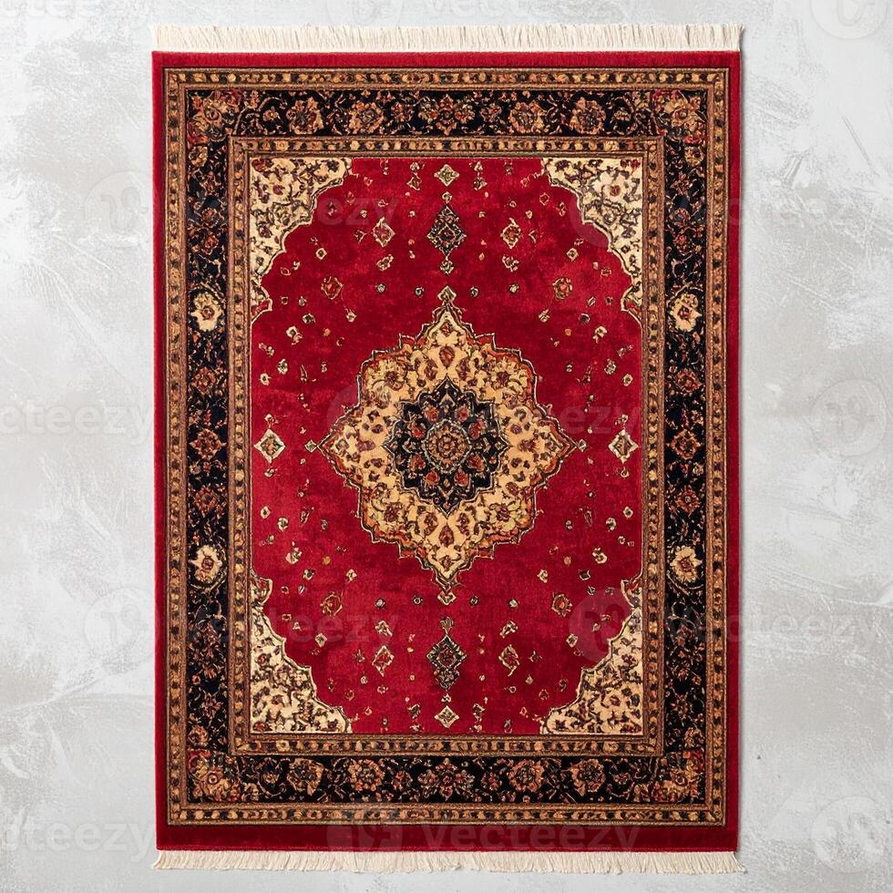 Islamic Prayer Rug with Ornate Red and Gold Border Top View Version Two photo