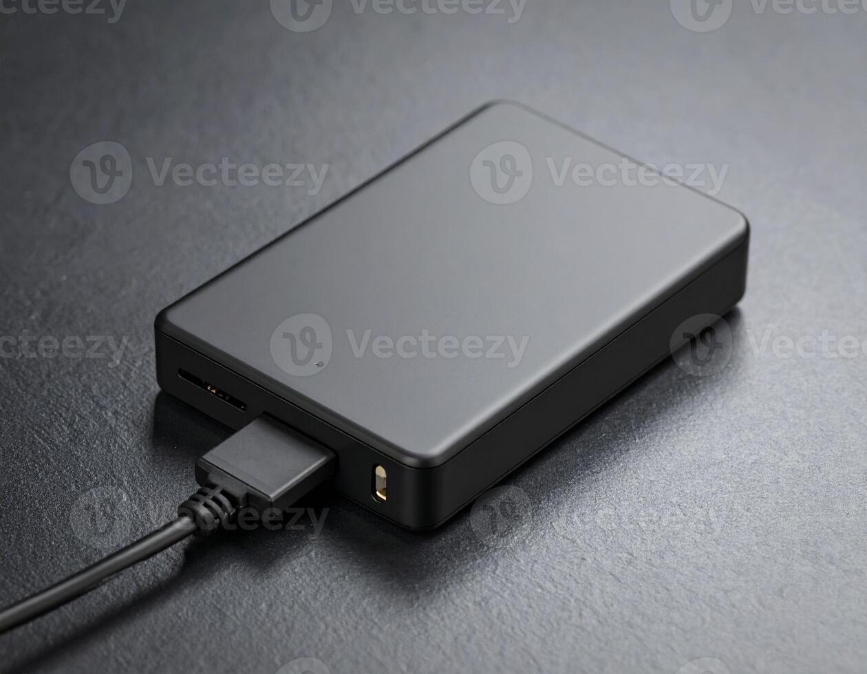 External SSD Drive with Cable on Tech Surface photo