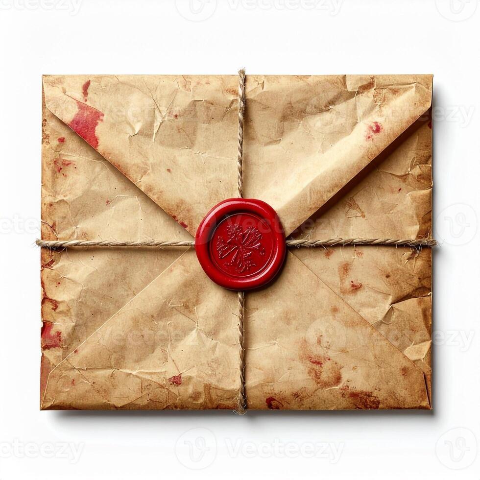 Vintage Paper Envelope Sealed with Red Wax on White Background photo