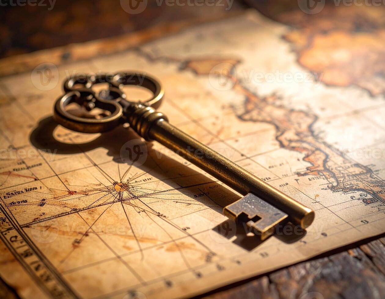 Old Key on Antique Map with Vintage Atmosphere photo
