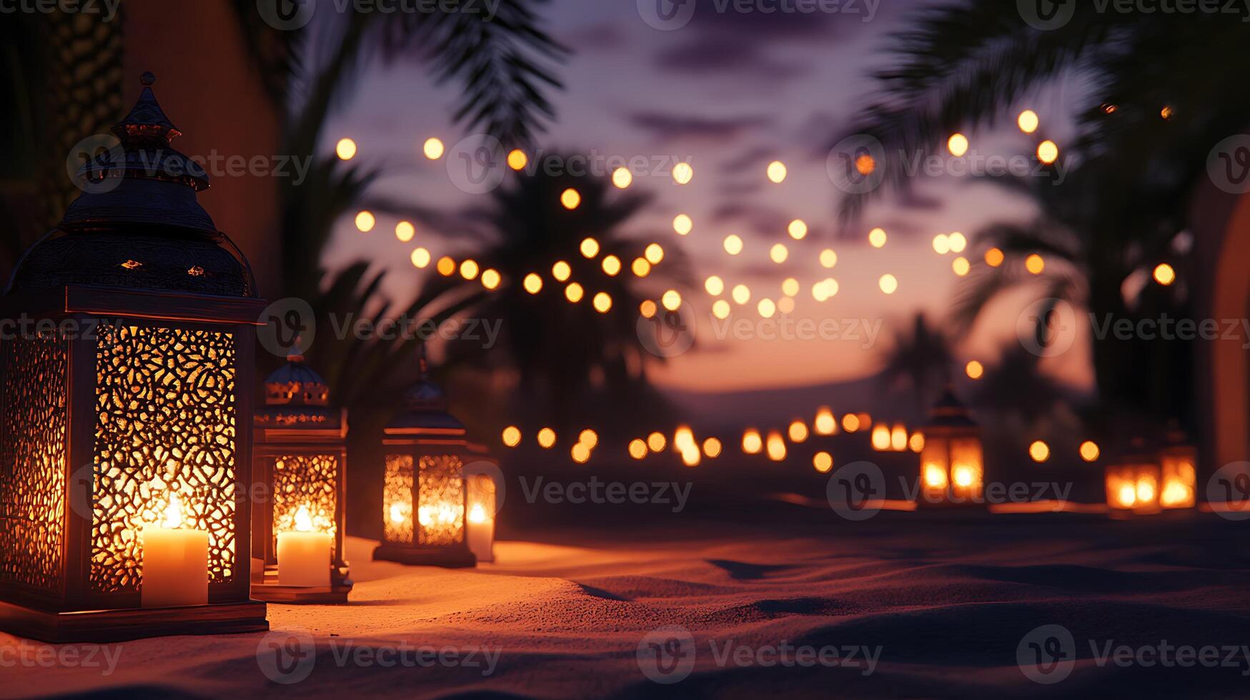 Decorative lanterns and string lights at twilight time photo