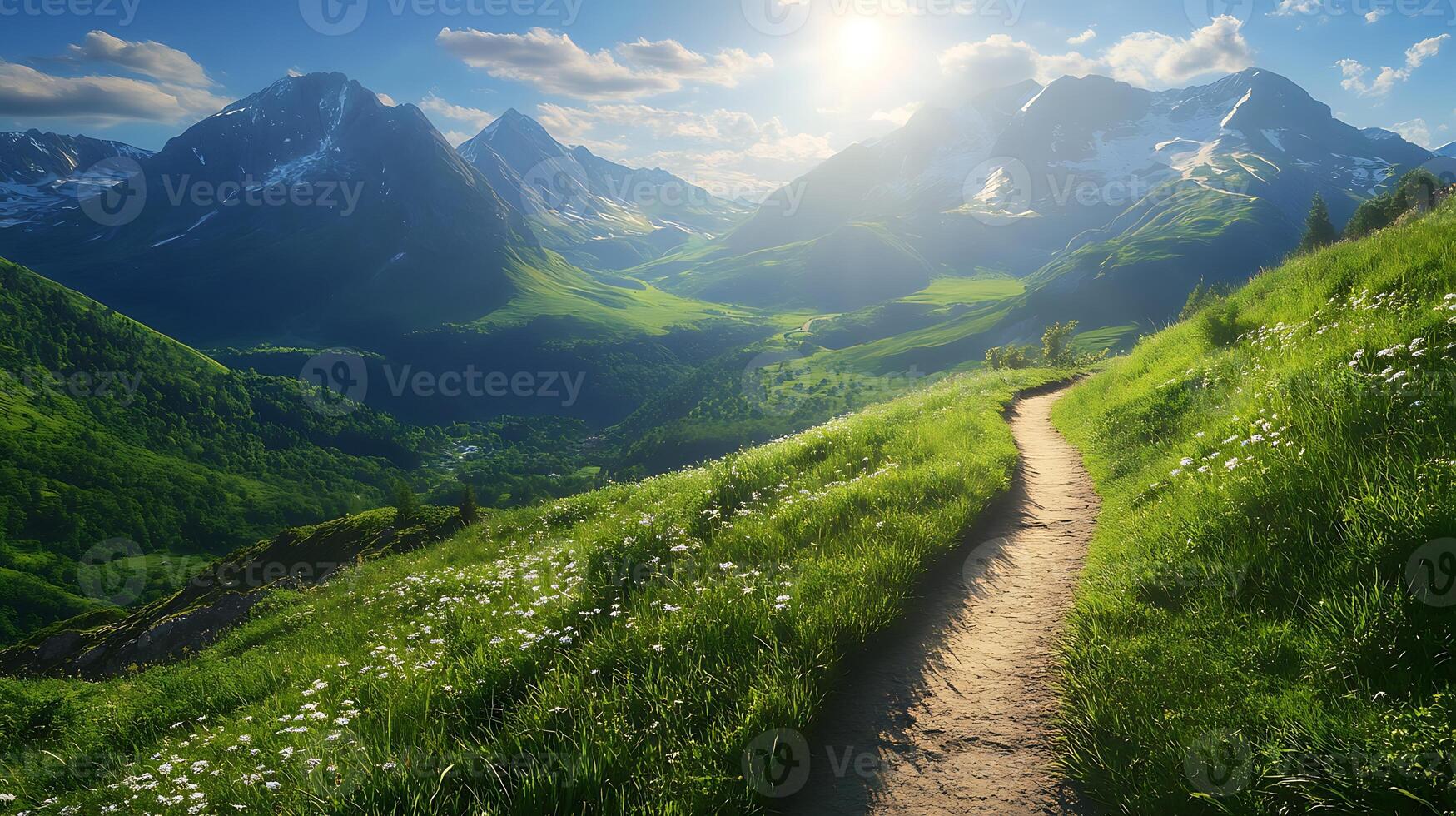 A path through green hills towards mountain peaks view photo