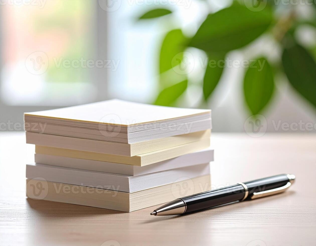 Fresh Stack of Sticky Notes with Pen on Minimal Desk photo
