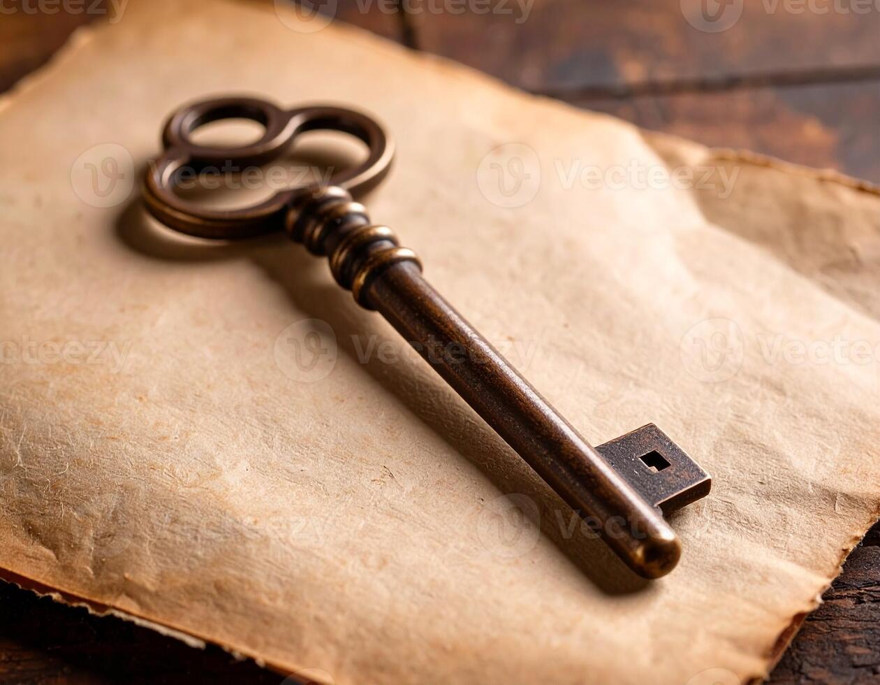 Old Vintage Key Placed on Antique Paper Background photo