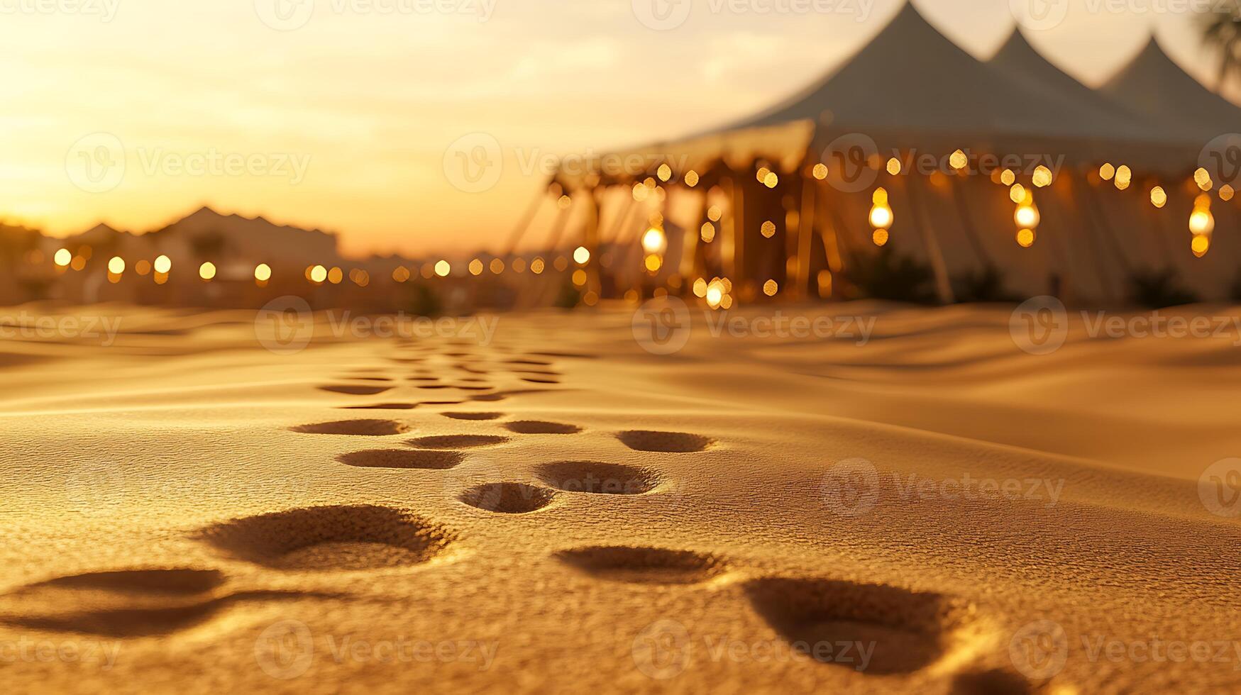 Footprints in sand leading to tents at sunset time photo