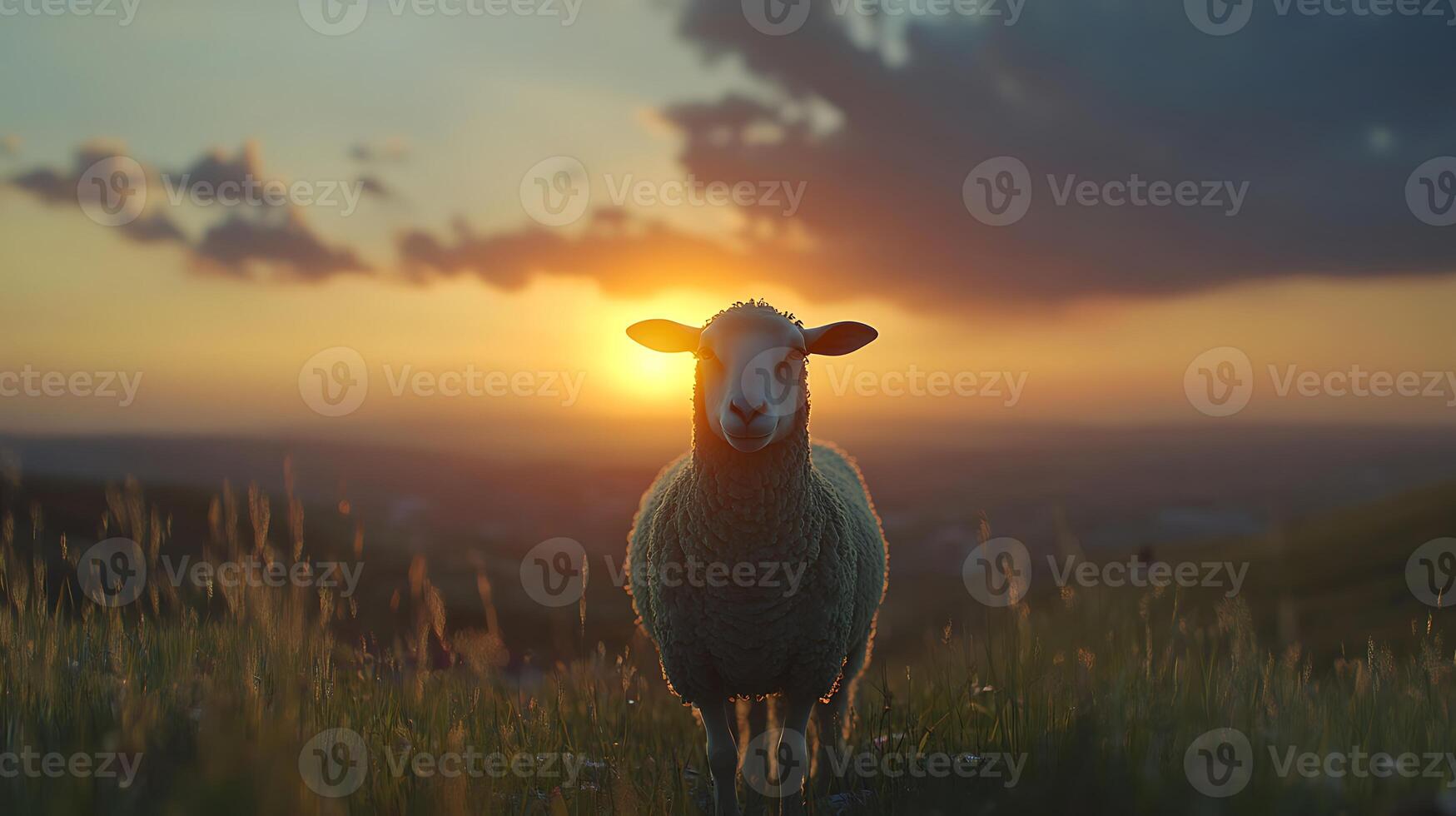 A sheep stands in a field at sunset photo