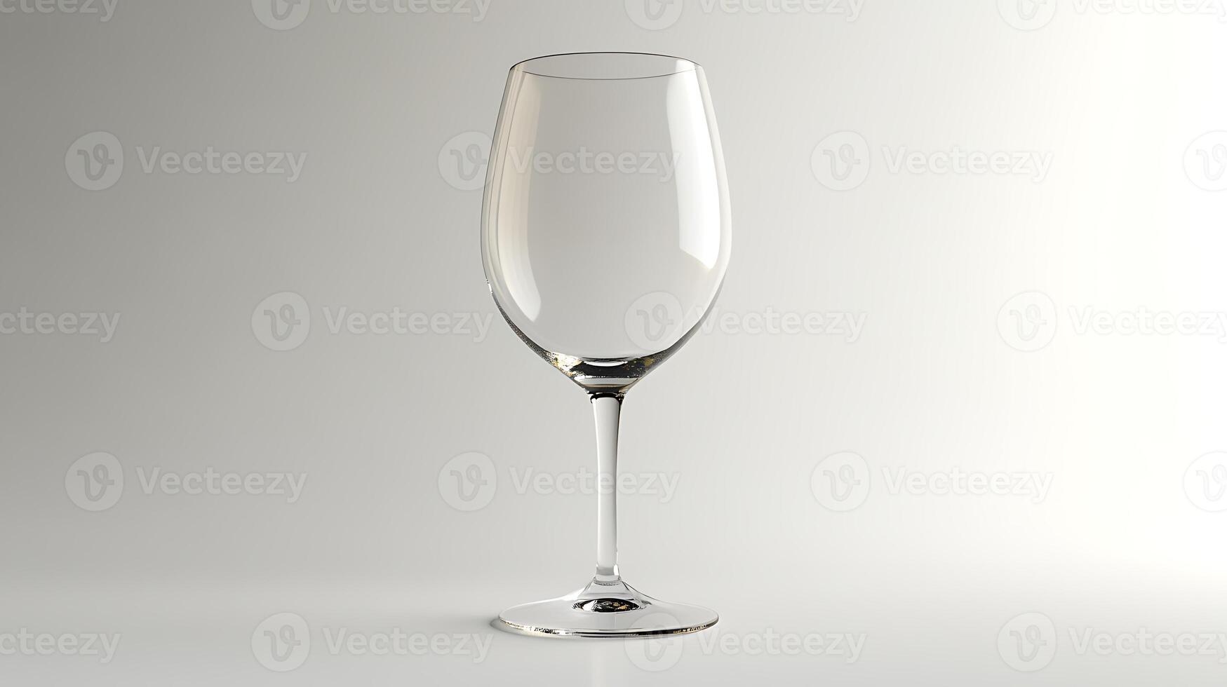 A clear wine glass stands upright against a gradient white to light grey background in a studio setting photo