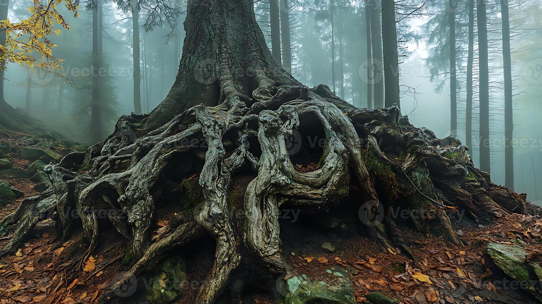 Large tree with exposed roots in a misty forest landscape with tall trees and fallen leaves around it photo