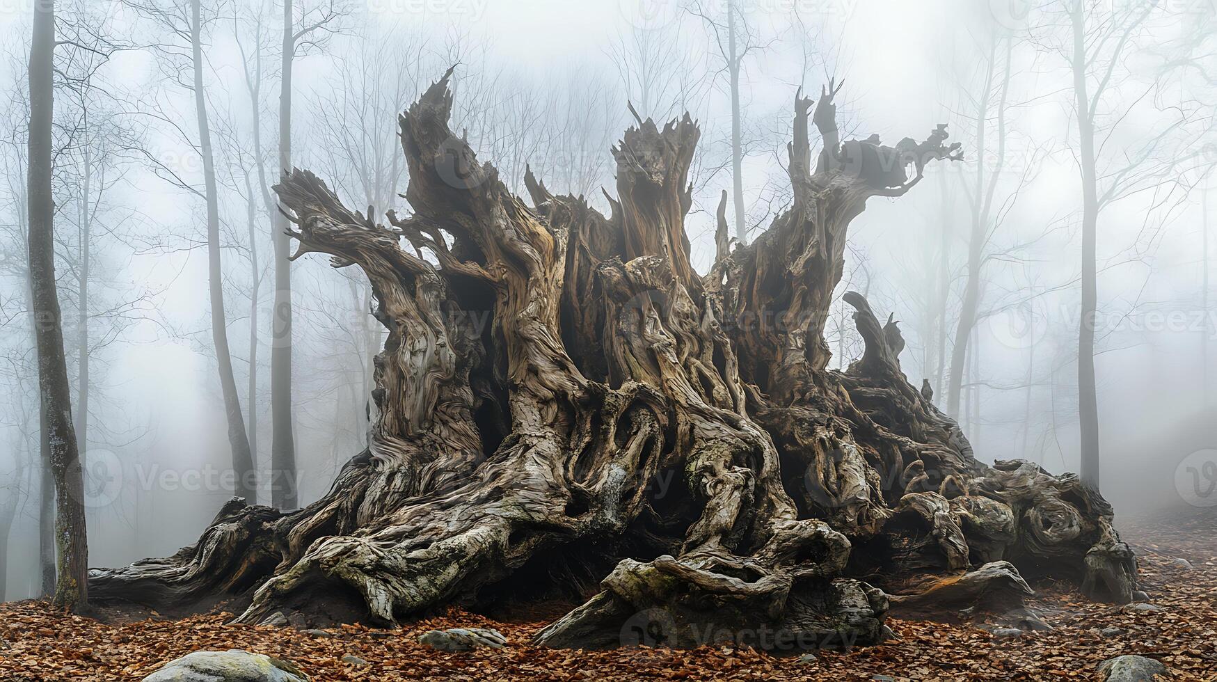 Giant dead tree trunk in a foggy forest landscape with fallen leaves on the ground in autumn season photo