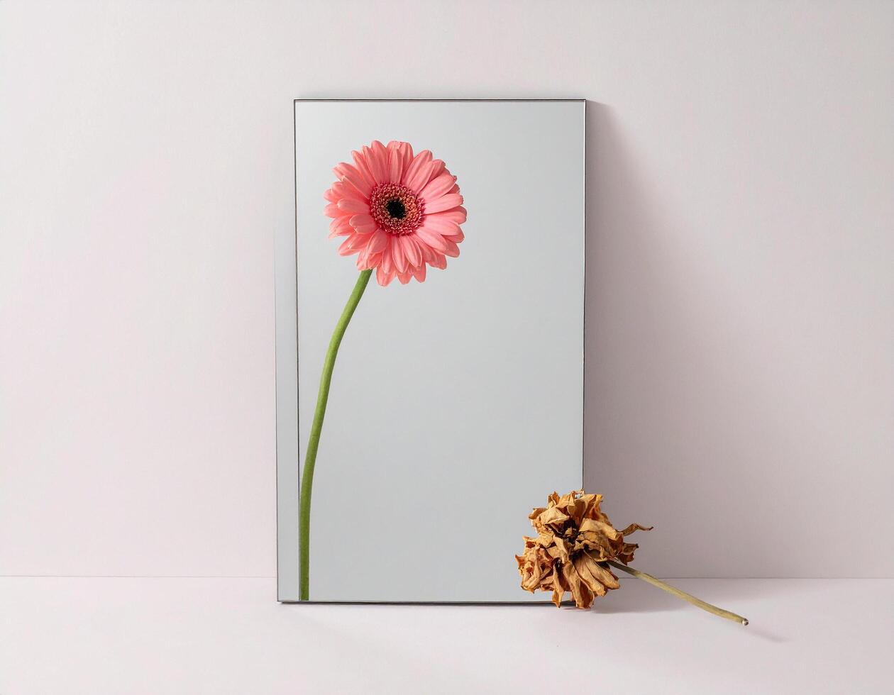 Minimalist still life image of a pink flower with reflection in the mirror photo