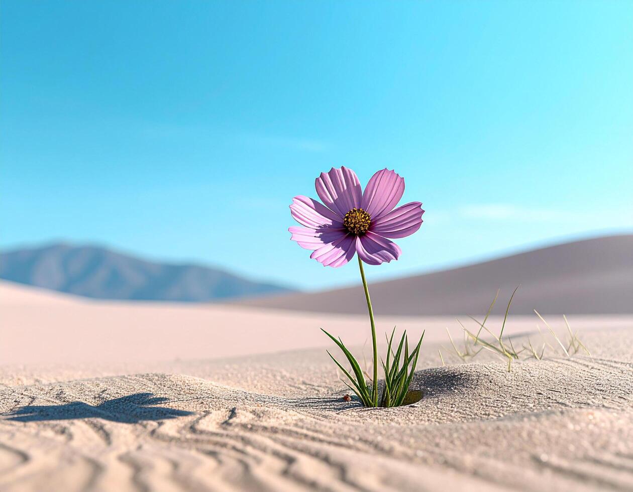 Purple flower growing in hot sandy desert photo