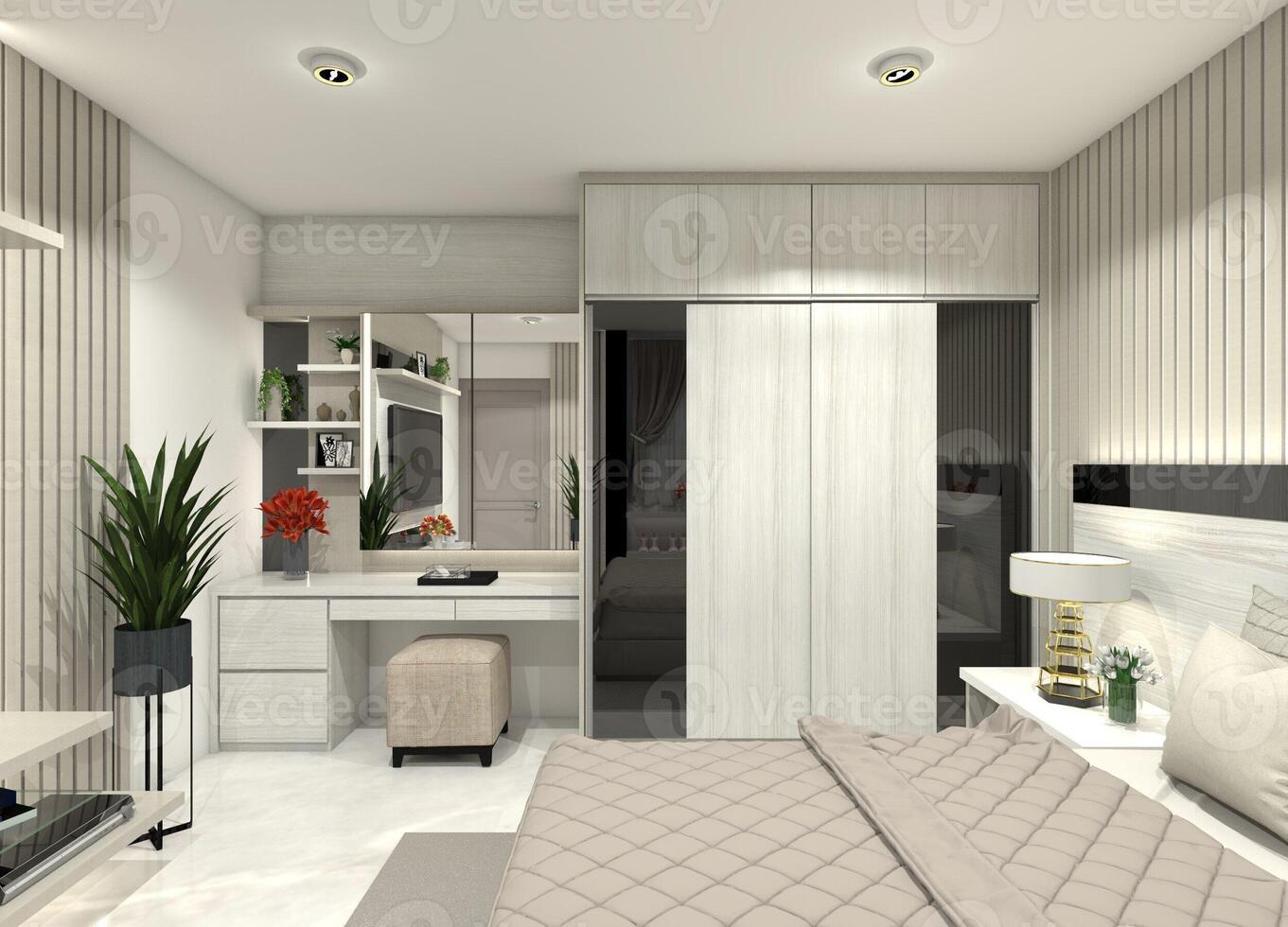 Modern, minimalist, and compact 3D design for a wardrobe and dressing table for bedroom and walk-in closet interiors. photo