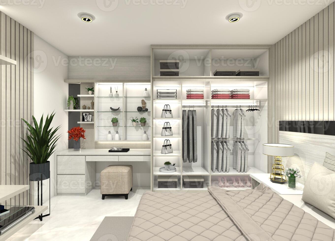 3D Modern design for an open wardrobe and dressing table without doors. photo