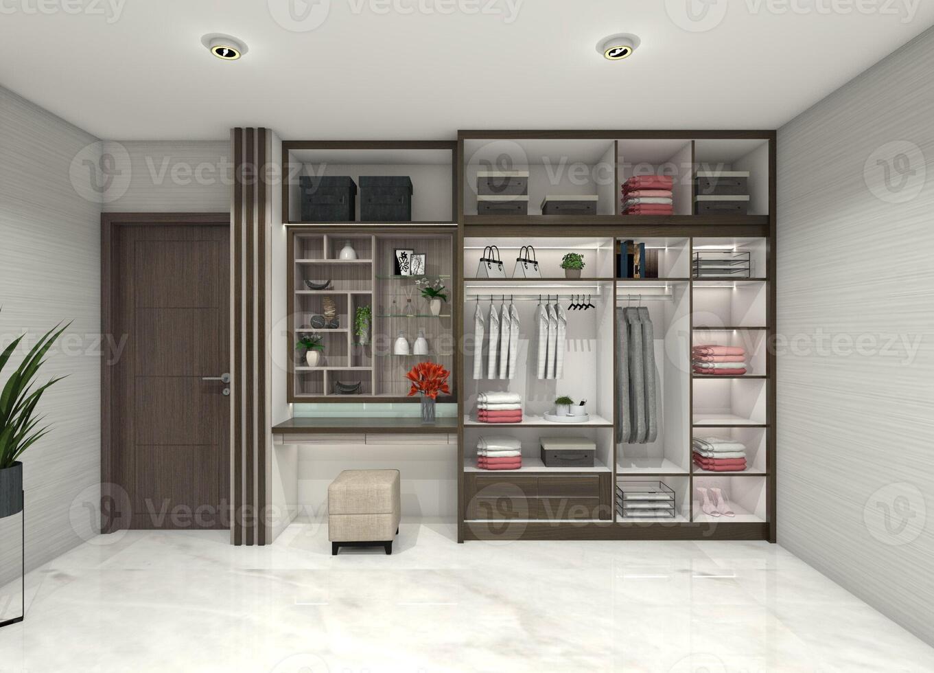 3D design idea for an open wardrobe and dressing table cabinet without doors, designed for storage division and partitions. photo