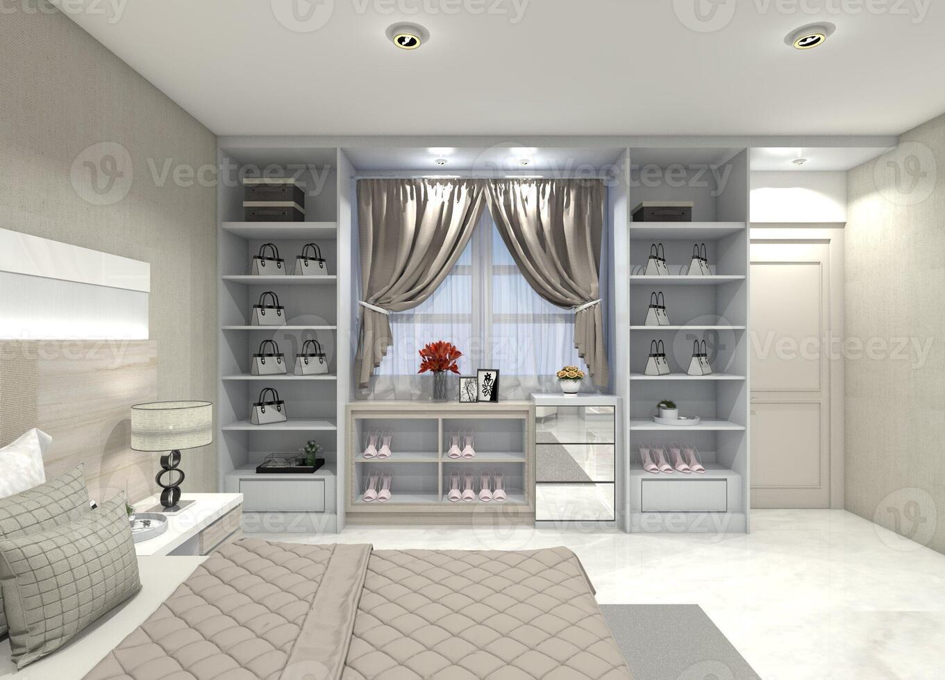 3D design for an open storage cabinet without doors for shoe and bag collections. photo