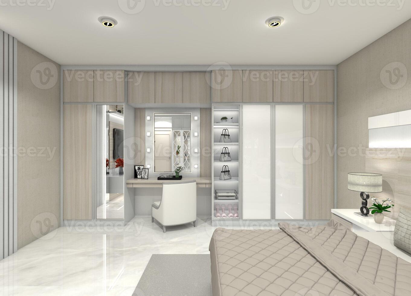 Modern 3D design for a wardrobe, bag display cabinet, and dressing table for bedroom or walk-in closet interiors. photo