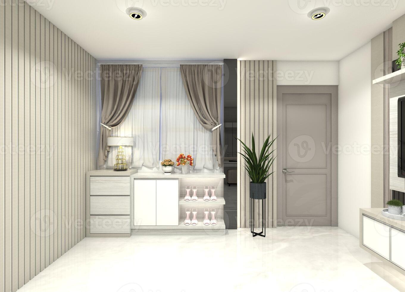 Minimalist 3D design for a shoe and storage cabinet positioned under a window. photo