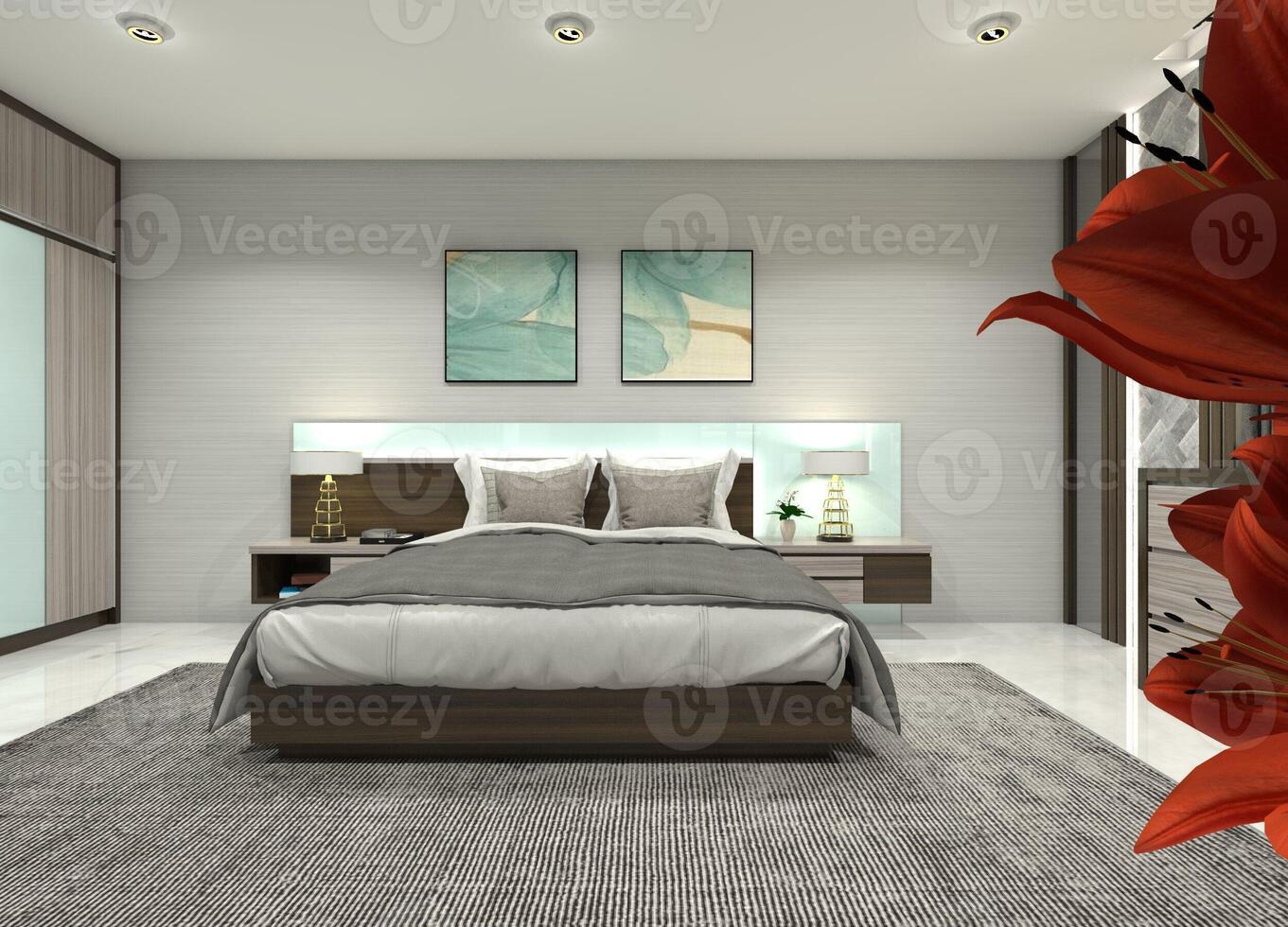 3D design idea for a bed featuring a headboard panel and drawer nightstands. photo