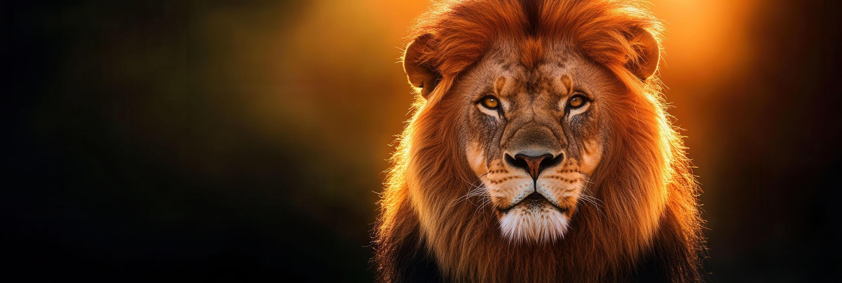 Majestic Lion with Stunning Mane Against a Dramatic Warm Background photo