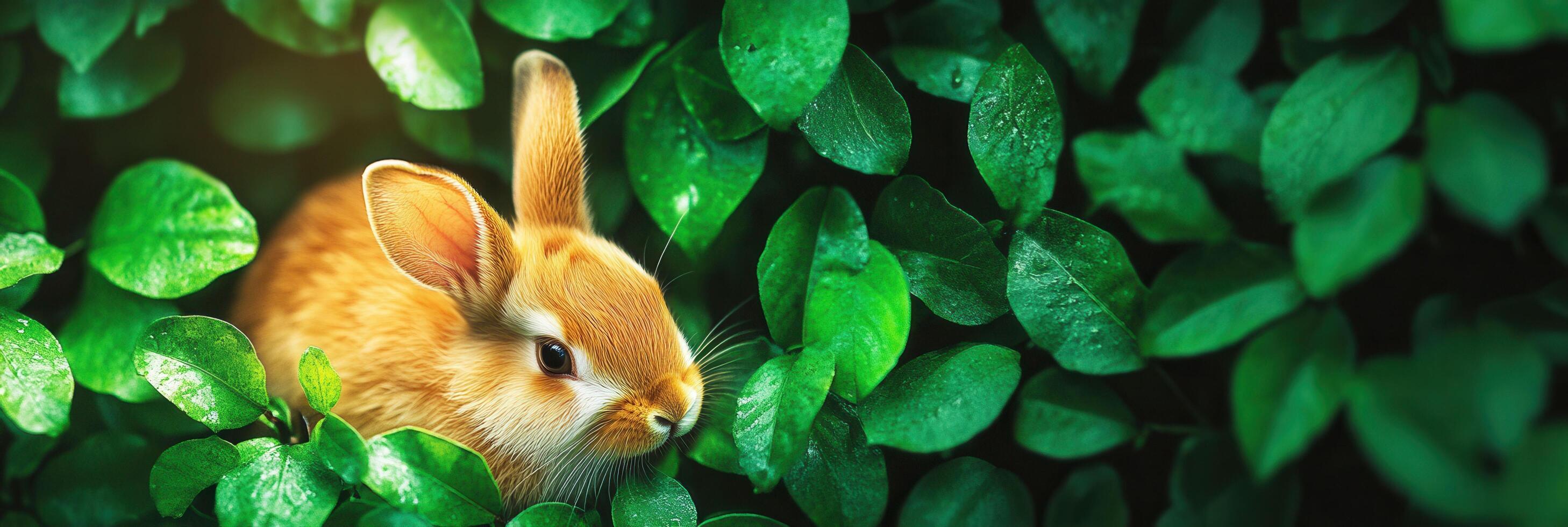 Cute Brown Bunny Nestled Among Lush Green Leaves in a Tranquil Garden Setting photo