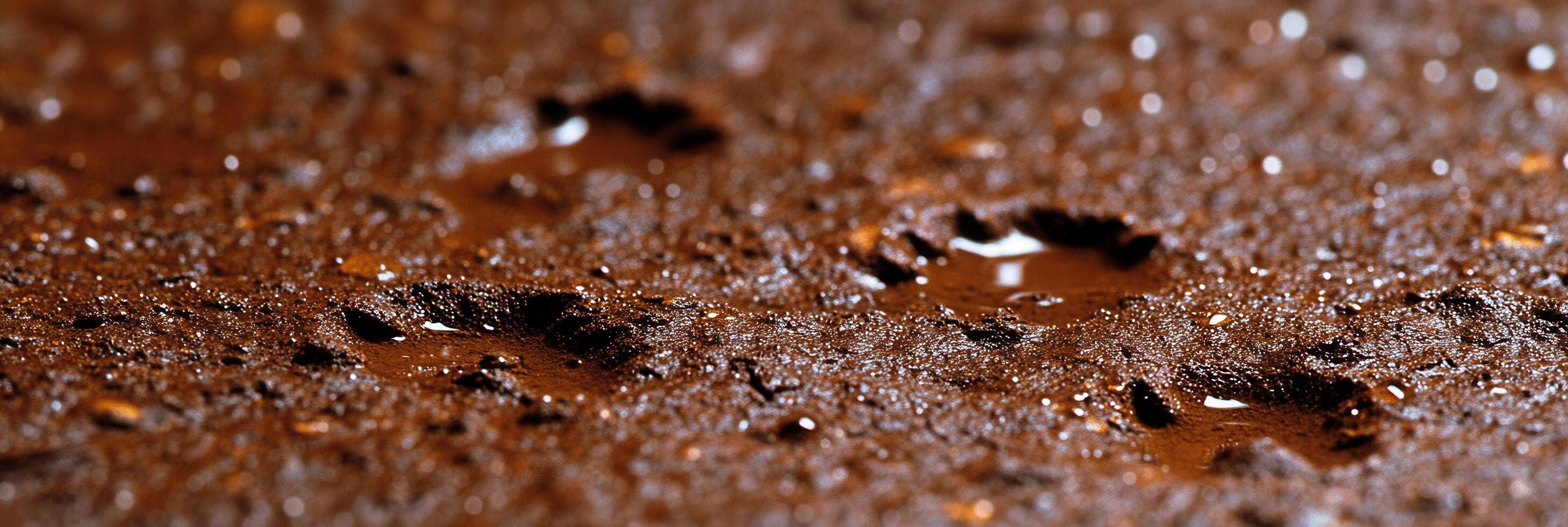 Close-Up of Muddy Paw Prints on Wet Earth with Sparkling Water Droplets photo