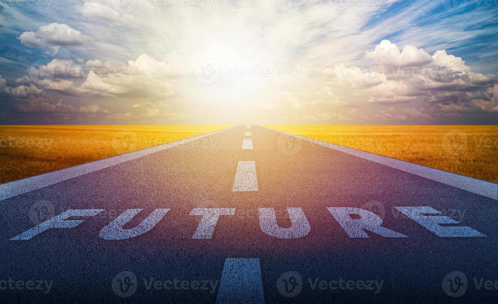 Future on the road in the middle of asphalt road with at sunset forward. Business target and growth strategy concept photo
