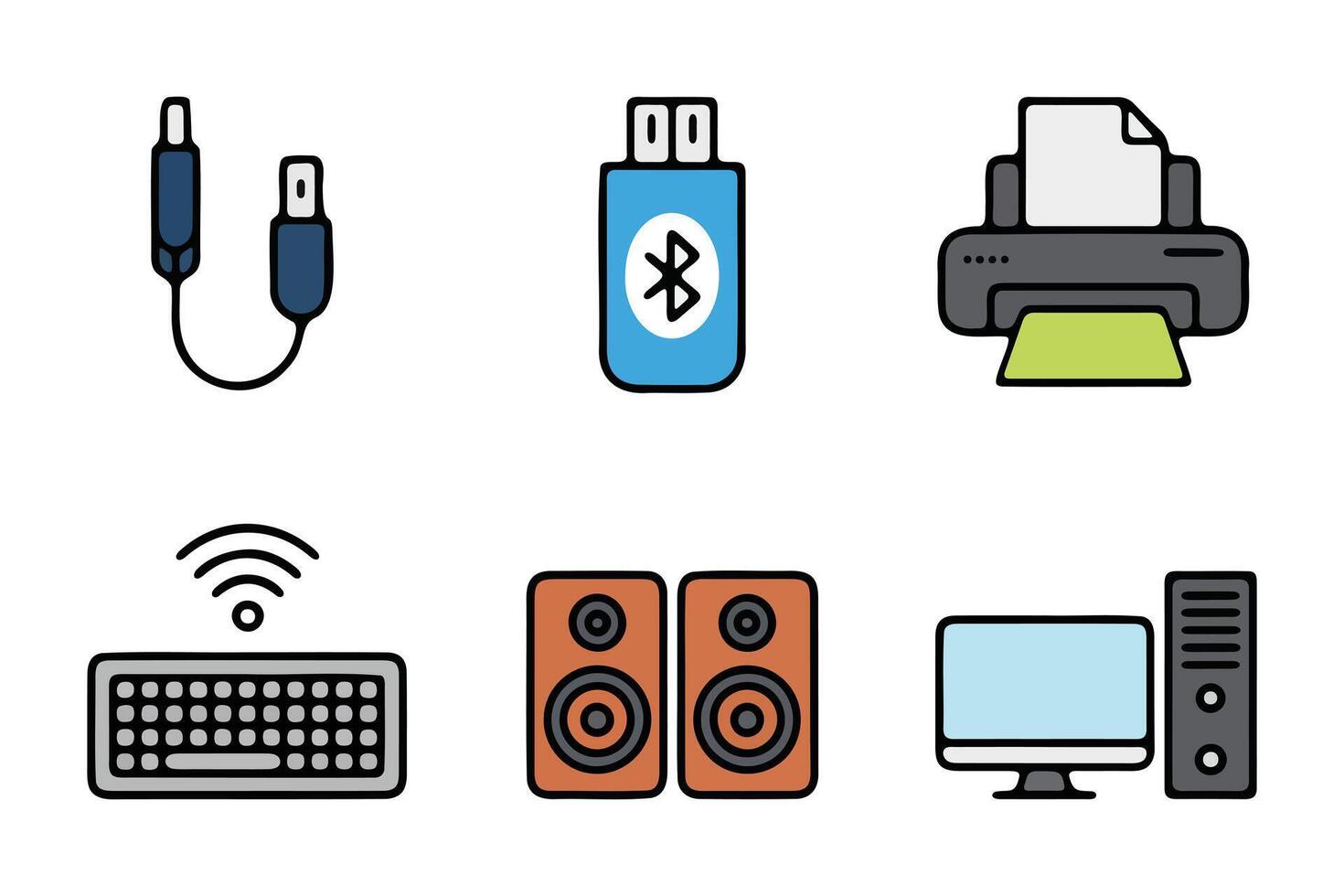 Colorful Outline Icons of Various Computer Peripherals vector