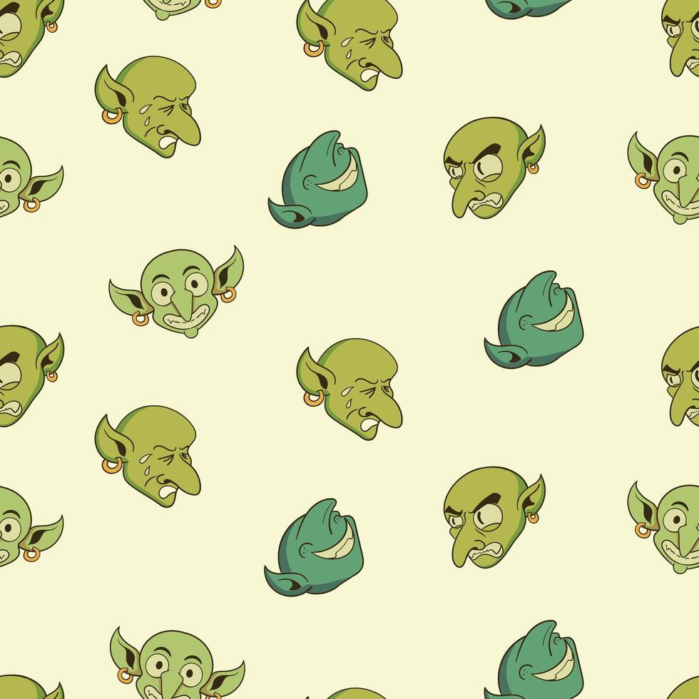 Cartoon Goblin Head Emotions Seamless Pattern vector