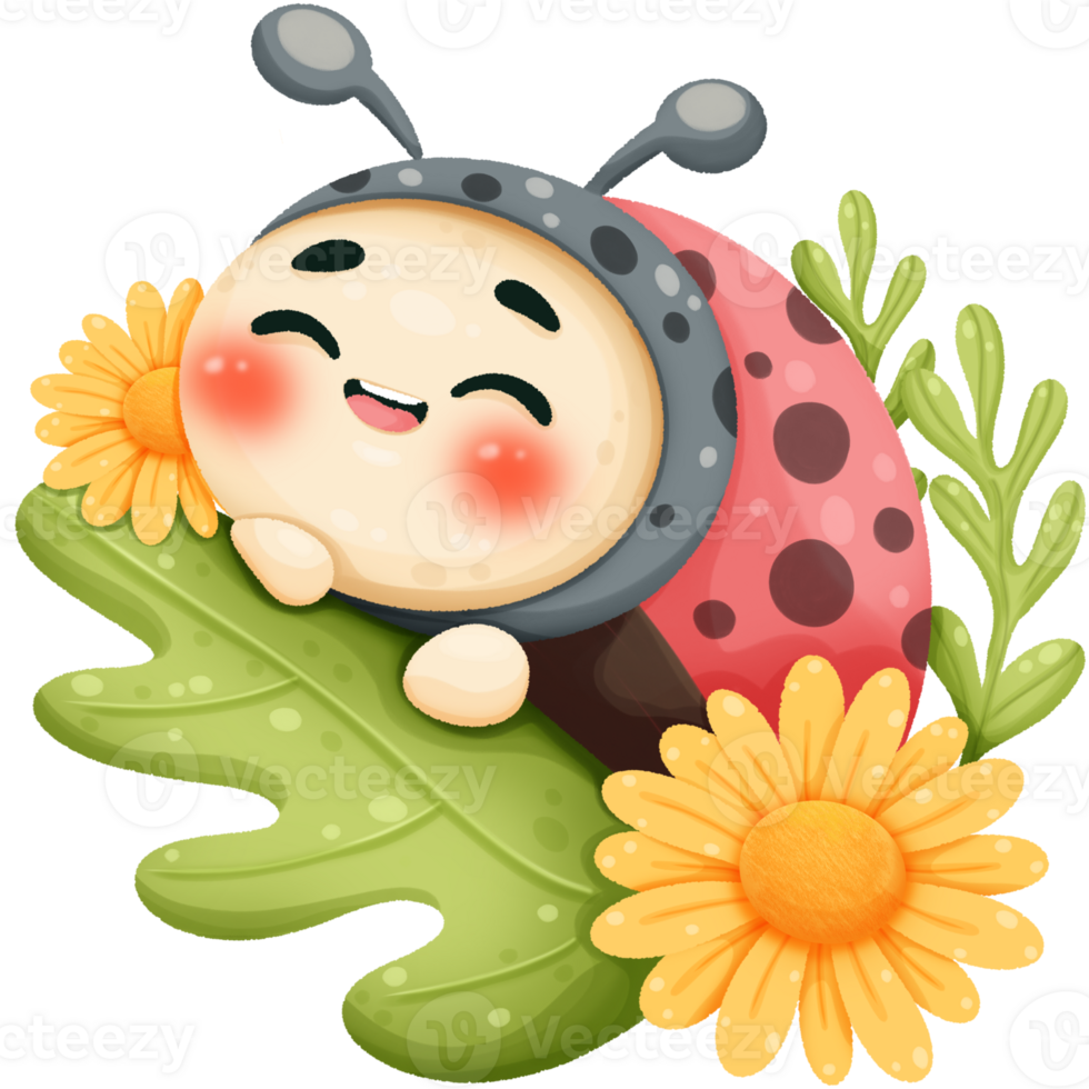Ladybug cartoon on leaf png