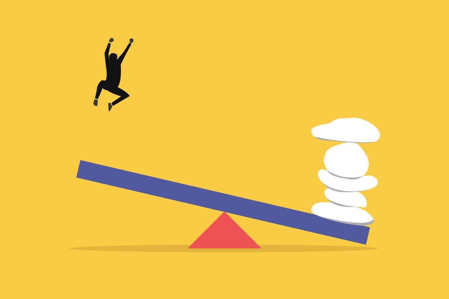 Huge boulder fell on one side of the seesaw, throwing Businessman on the other side into the air vector