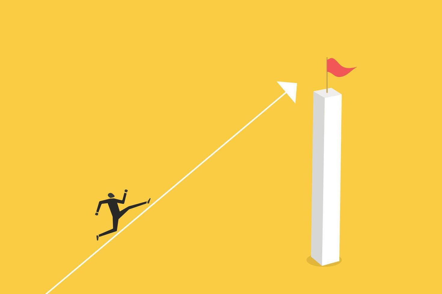 Businessman walking up arrow trying to reach the top flag. concept of ambition, motivation vector
