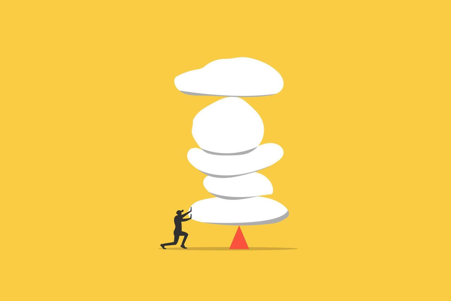 Businessman try stability heavy rock boulder. concept of Work responsibility, pressure or problem, debt burden or difficulty challenge, struggle, or overworked, effort or punishment vector