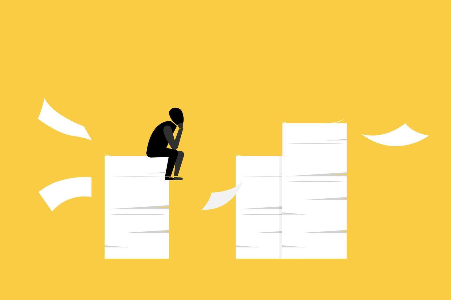 Businessman sitting on documents paperwork. concept of Workload and aggressive deadline causing exhaustion and burnout, overload or overworked office routine vector