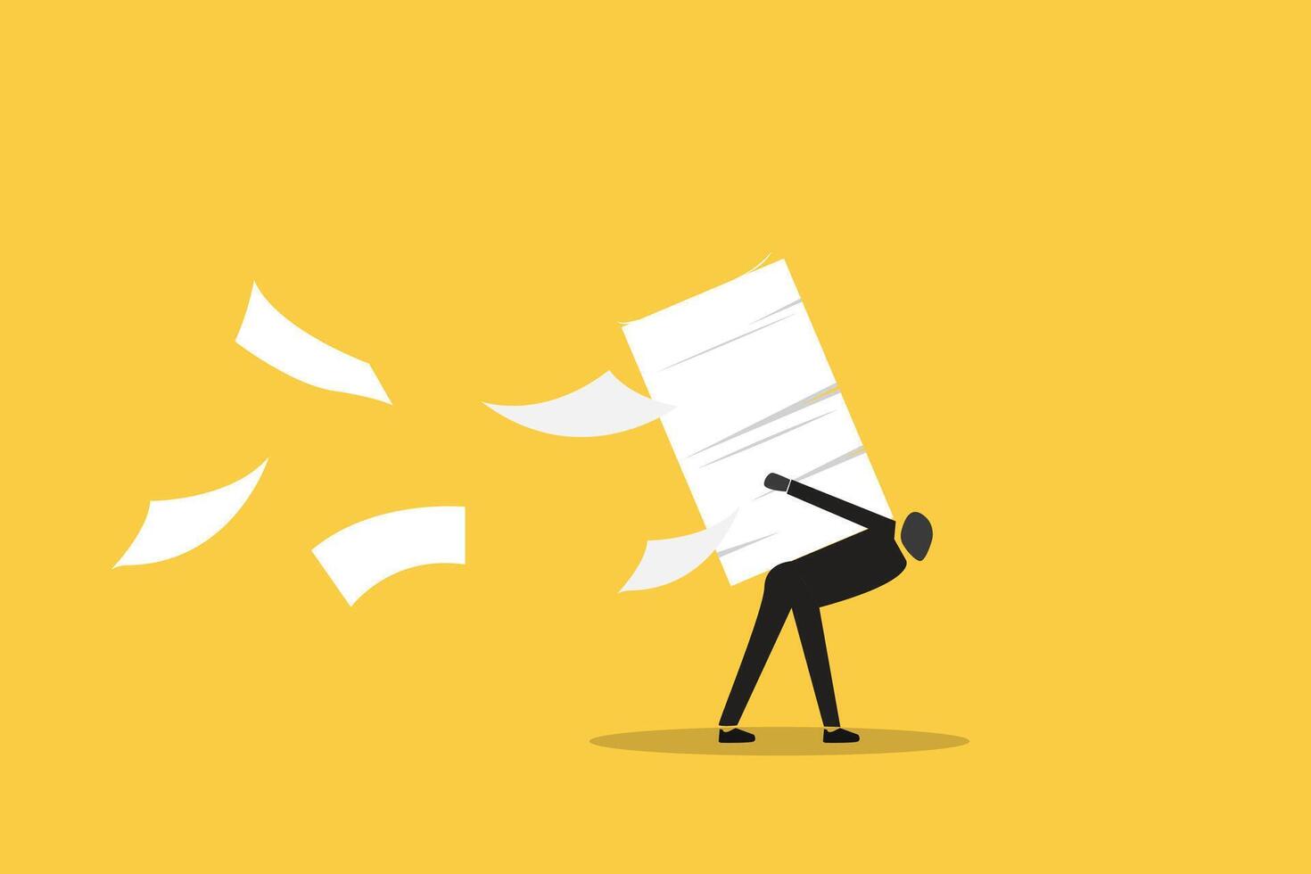 Worker carrying heavy documents documents paperwork. concept of Workload and aggressive deadline causing exhaustion and burnout, overload or overworked office routine vector