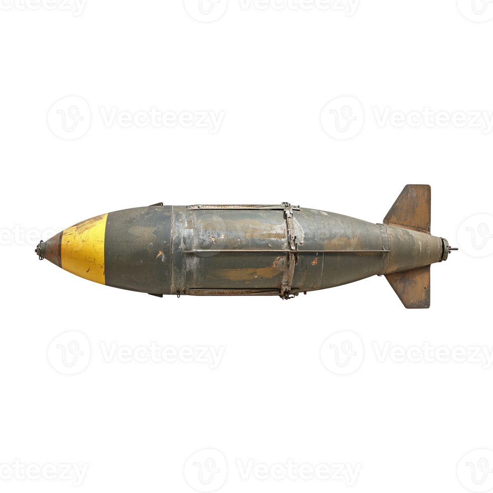 War era aircraft ordnance rests horizontally, painted yellow and green on transparent background png