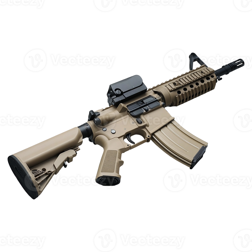Modern light brown automatic tactical assault weapon on transparent background shines brightly png