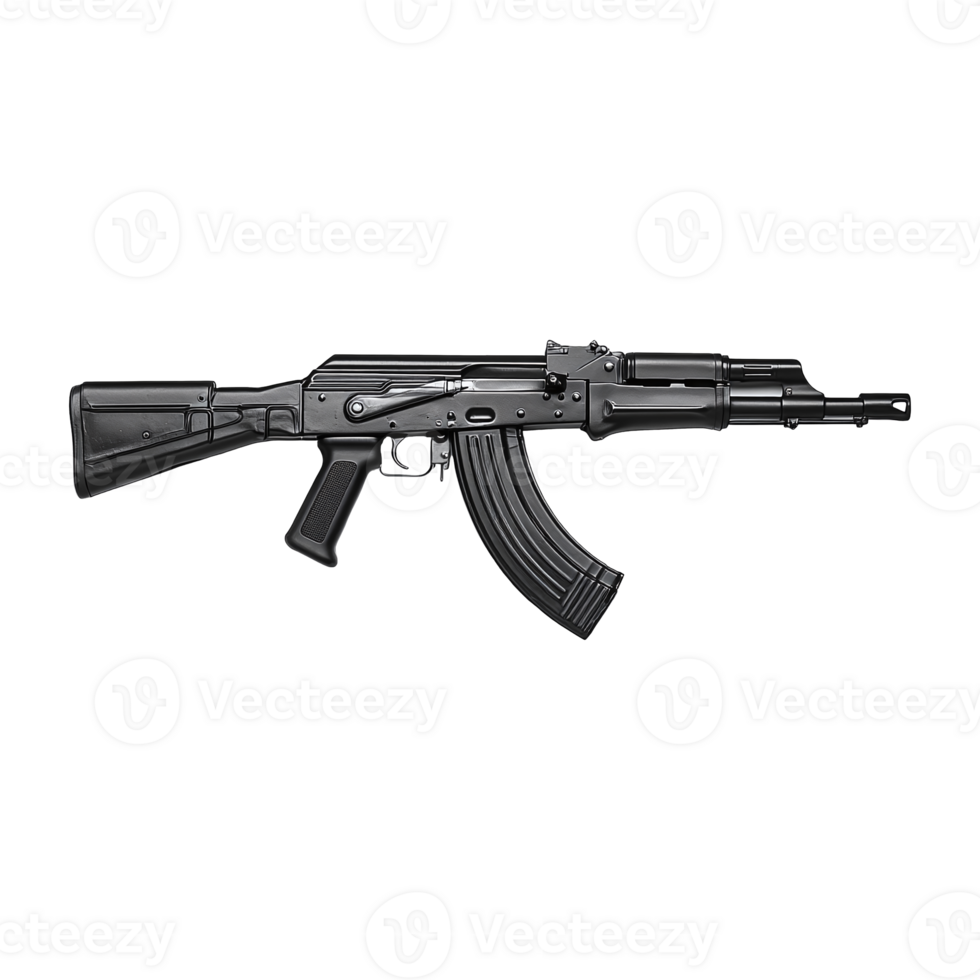 A sleek black automatic assault rifle rests on transparent background with details showing png