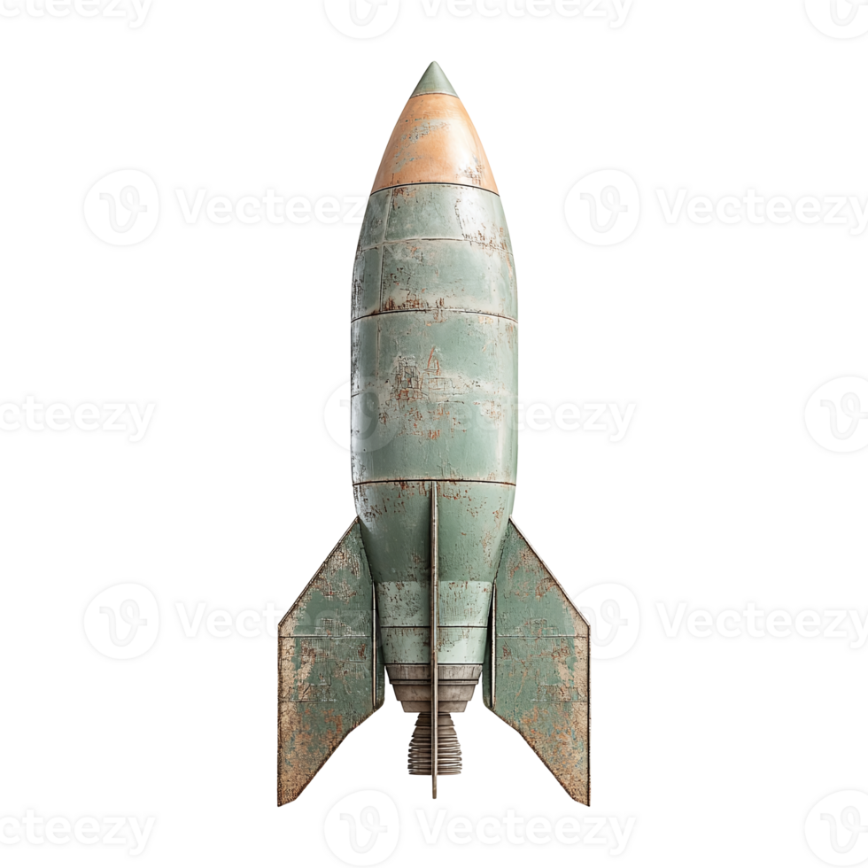 Rocket warhead stands upright with tarnished paint on transparent background png