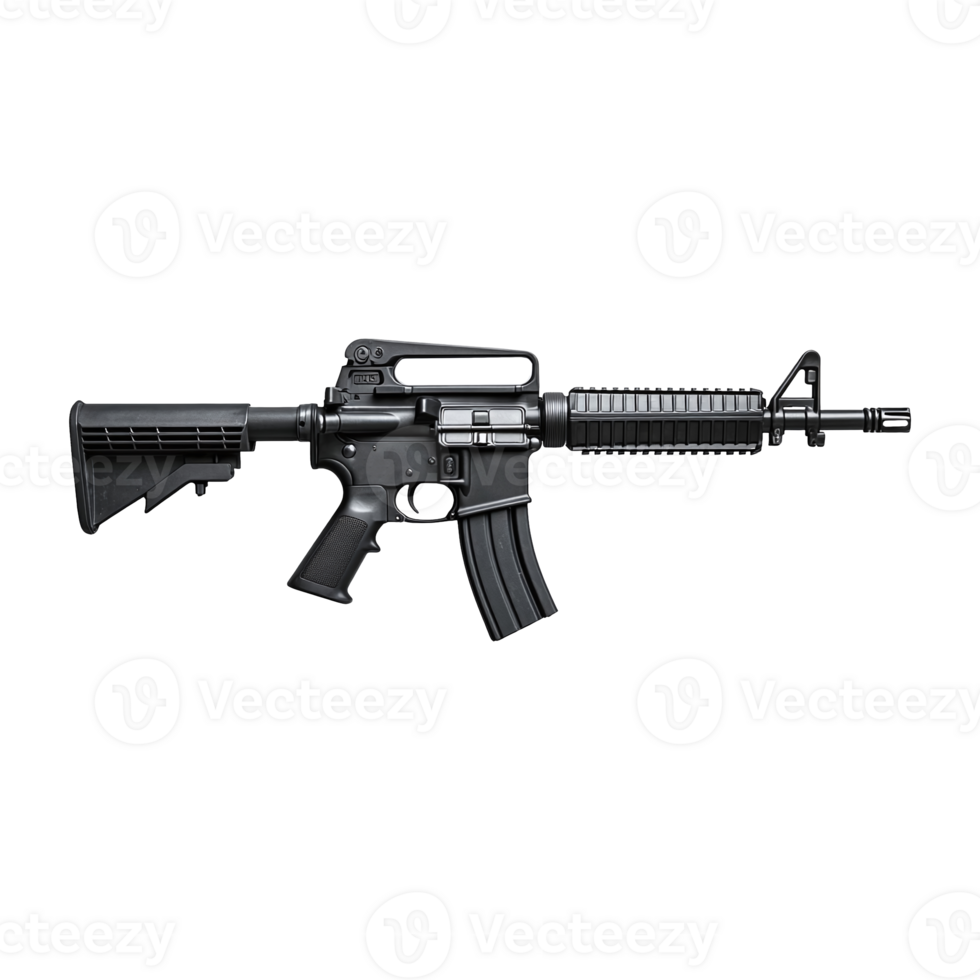 Side view demonstrates modern black assault weapon details on transparent background png