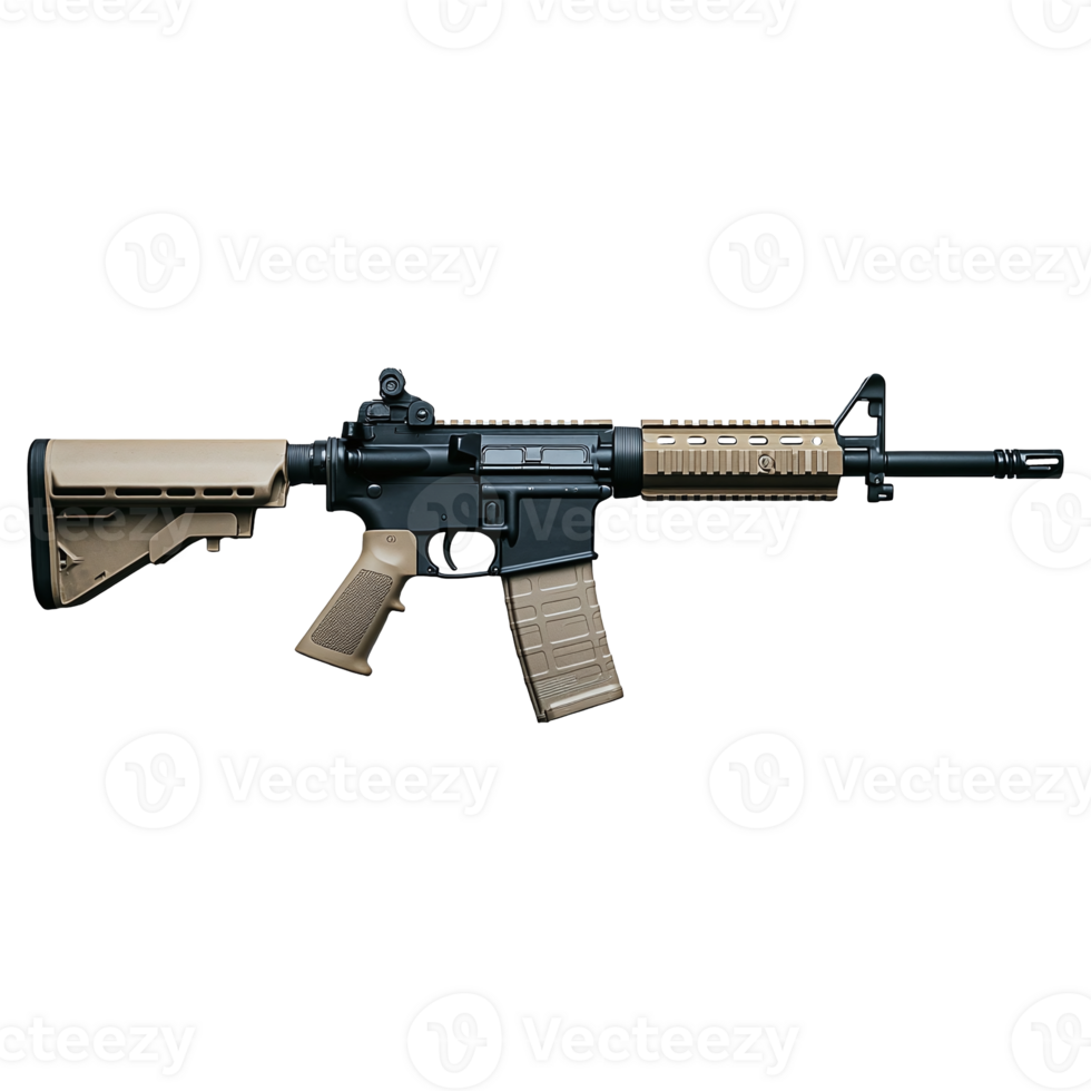 Modern military style automatic weapon stands in profile position on transparent background png