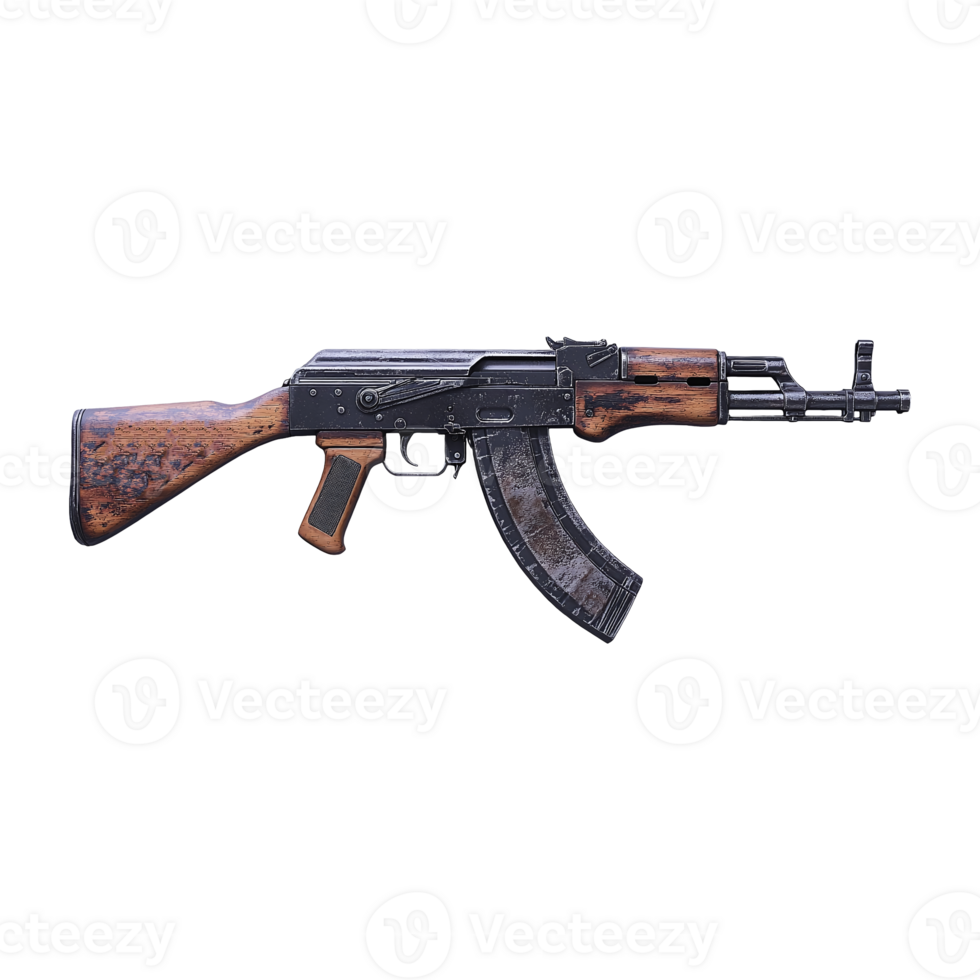 Assault style firearm featuring a wood stock and steel body on transparent background png