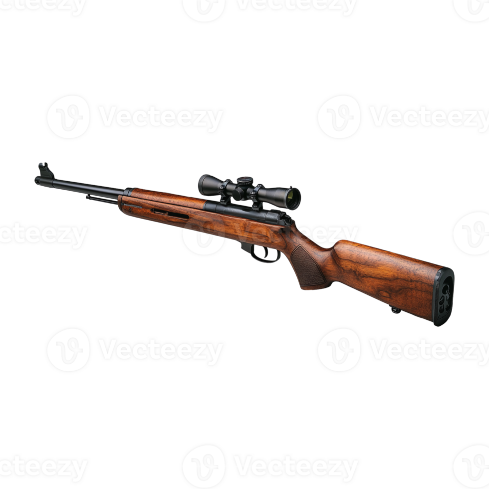 Rifle with an attached scope rests horizontally wood texture shows on transparent background png