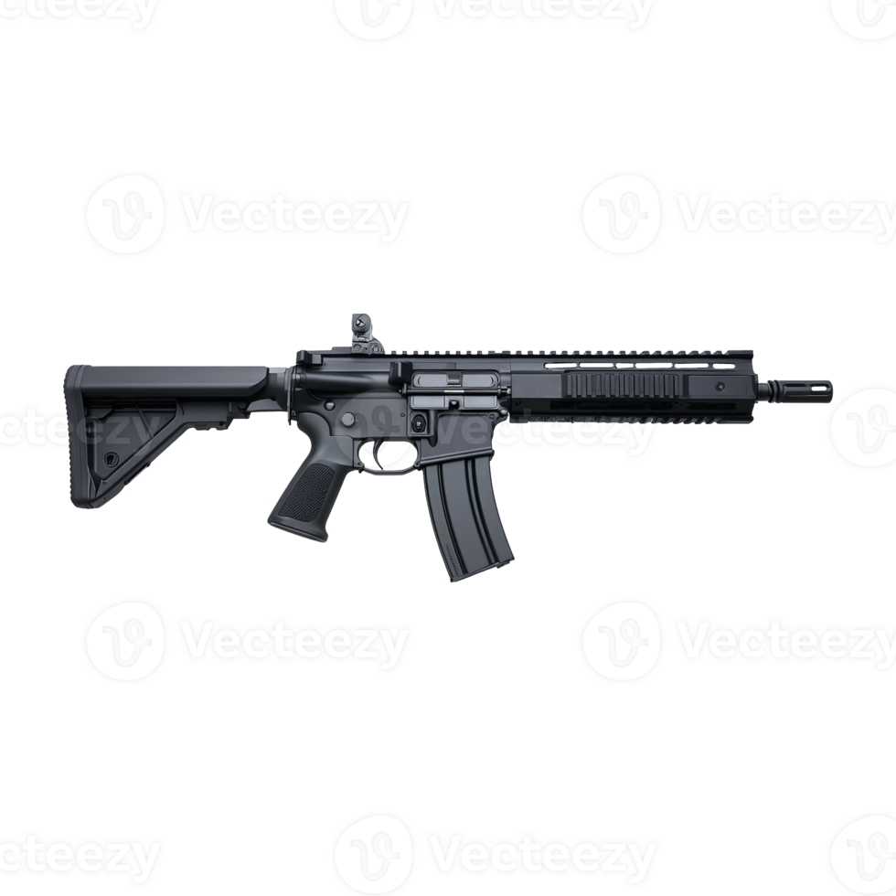 High quality black military assault weapon lies horizontally on transparent background png