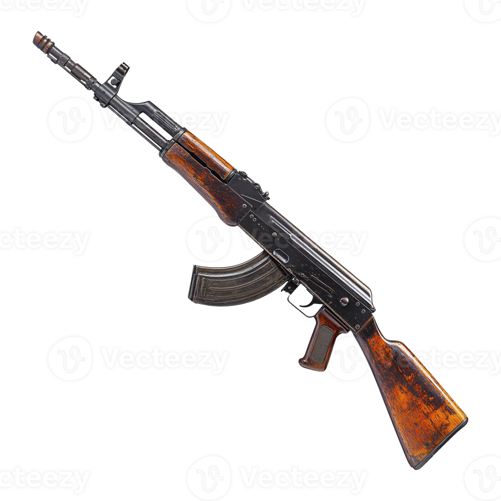 Vintage assault style weapon with wooden handle placed diagonally on transparent background png