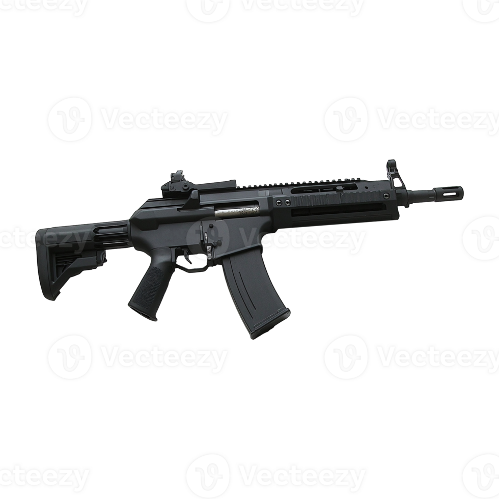 Closeup shows modern black assault rifle with tactical optics on transparent background png