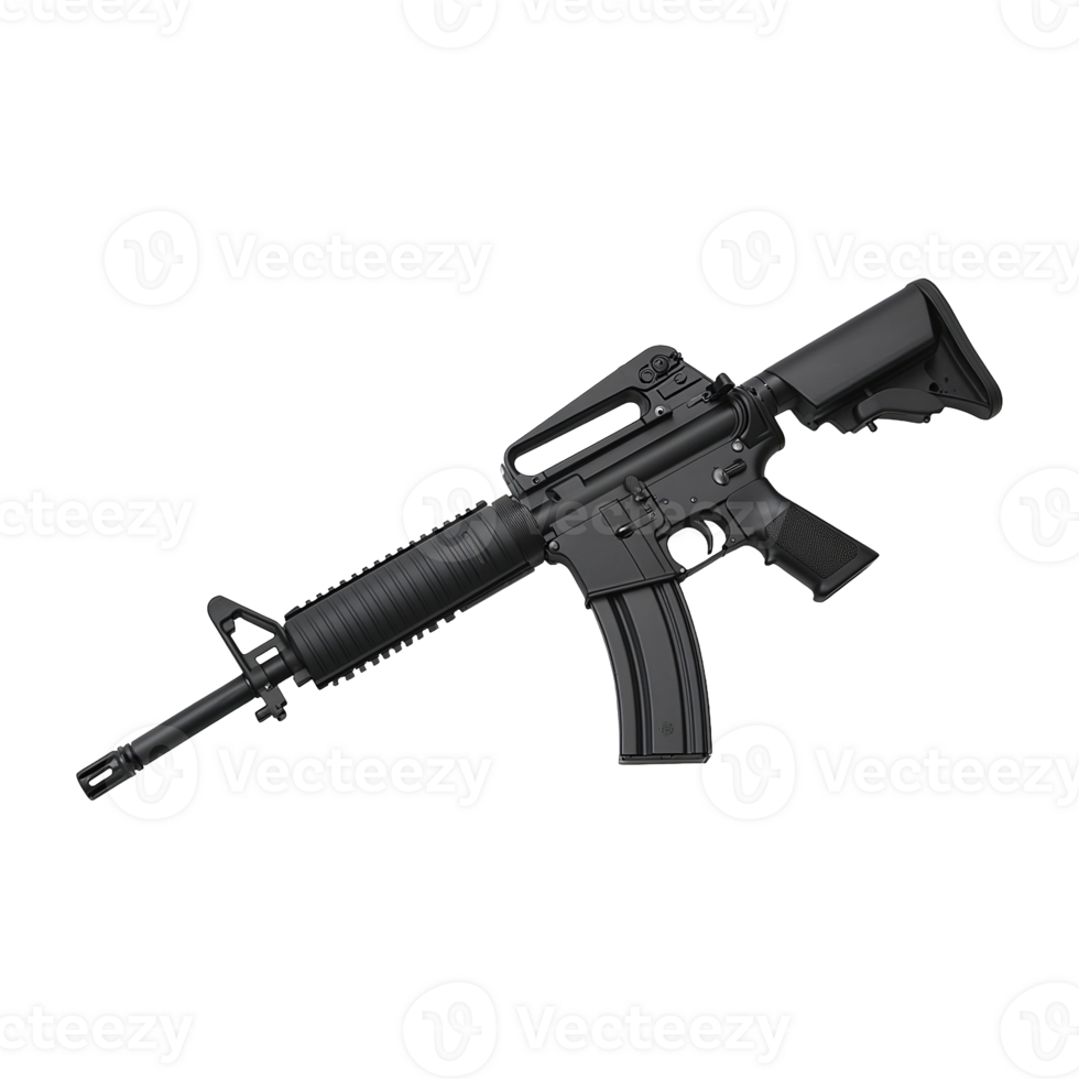 Black modern tactical rifle lies horizontally still on transparent background png