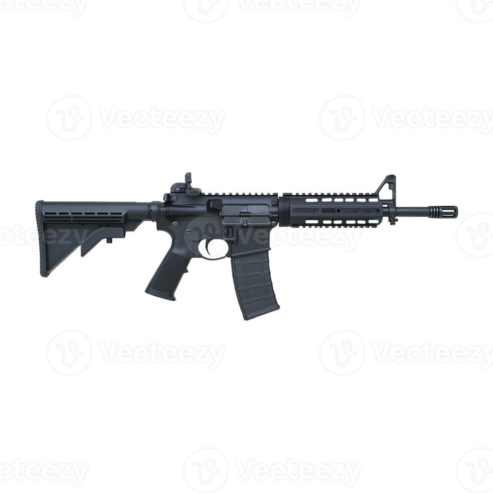 Black assault rifle weapon sits horizontally, professionally photographed on transparent background png