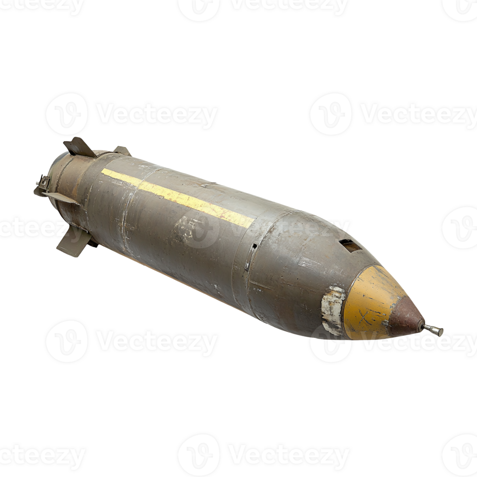 Large explosive torpedo missile exhibits military might horizontally on transparent background png